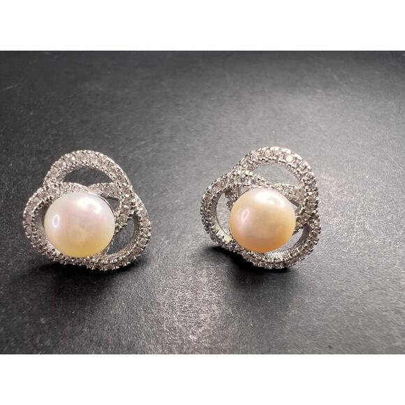 Cultured pearl swirl stud earrings in sterling silver with cz accents - Picture 4 of 14